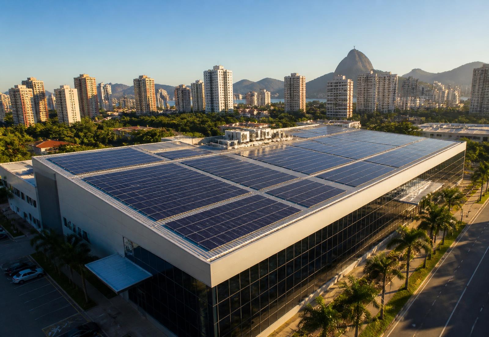 Painéis solares fotovoltaicos instalados no telhado de um prédio comercial